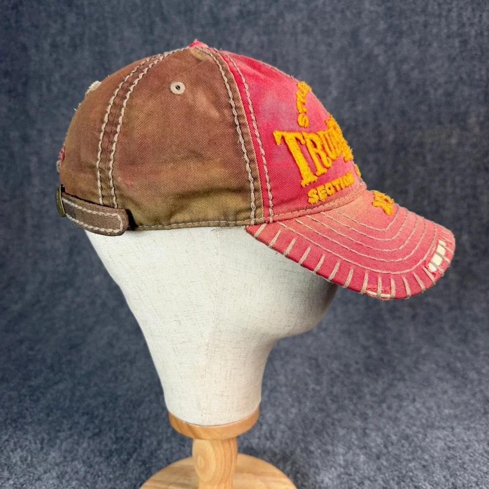 True Religion Brand Jeans Distressed Baseball Cap Red Brown Embroidered Hat OSFA